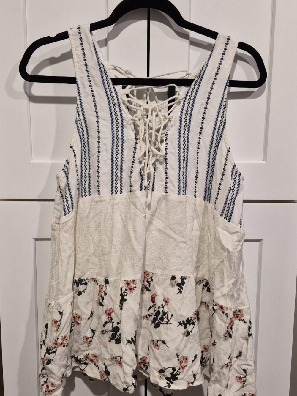 Hummingbird White Tank Top with Navy Stripes and Floral Hem